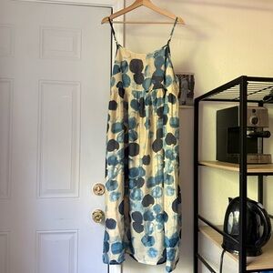 BUYKUD cream blue dot watercolor paint tie dye babydoll sleeveless midi dress